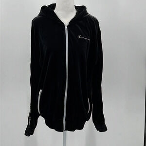 Pimperelli Black Velvet Hooded Zip Front Jacket - Size XL
